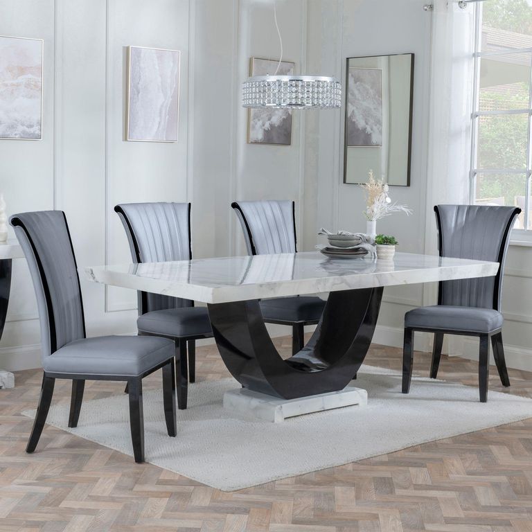 Madrid White Marble Dining Set - Cadiz Grey Leather Dining Chair
