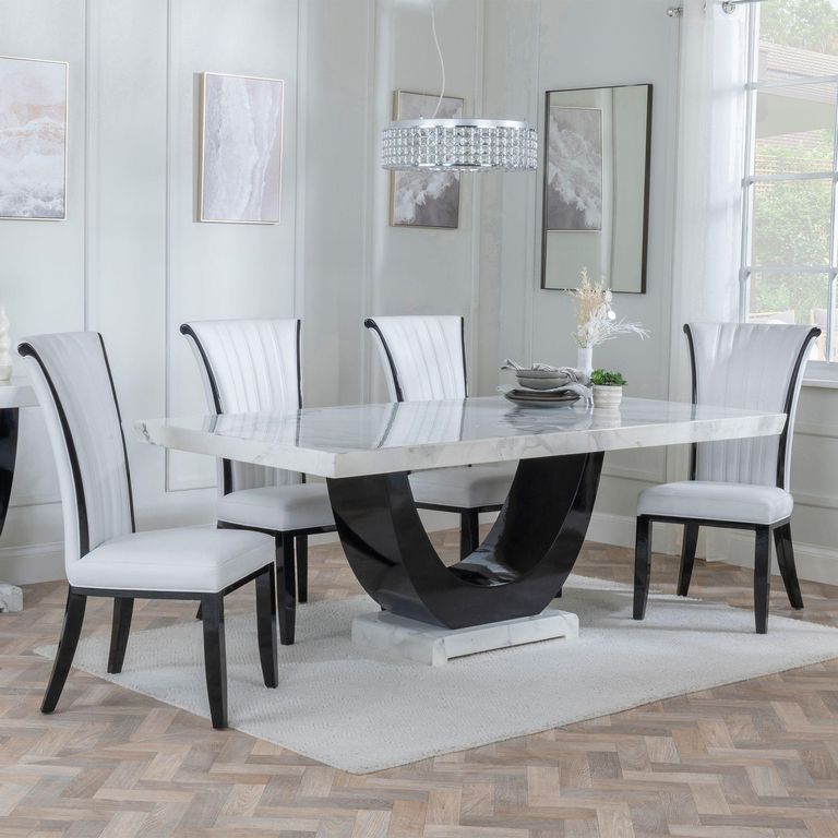Madrid White Marble Dining Set - Cadiz White Leather Dining Chair