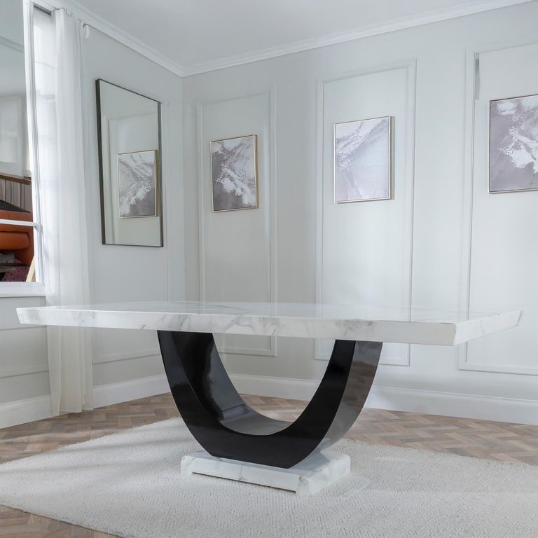 Madrid White Marble Dining Set - Carmela Black Leather Dining Chair