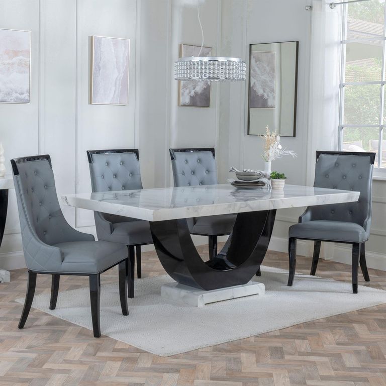 Madrid White Marble Dining Set - Carmela Grey Leather Dining Chair