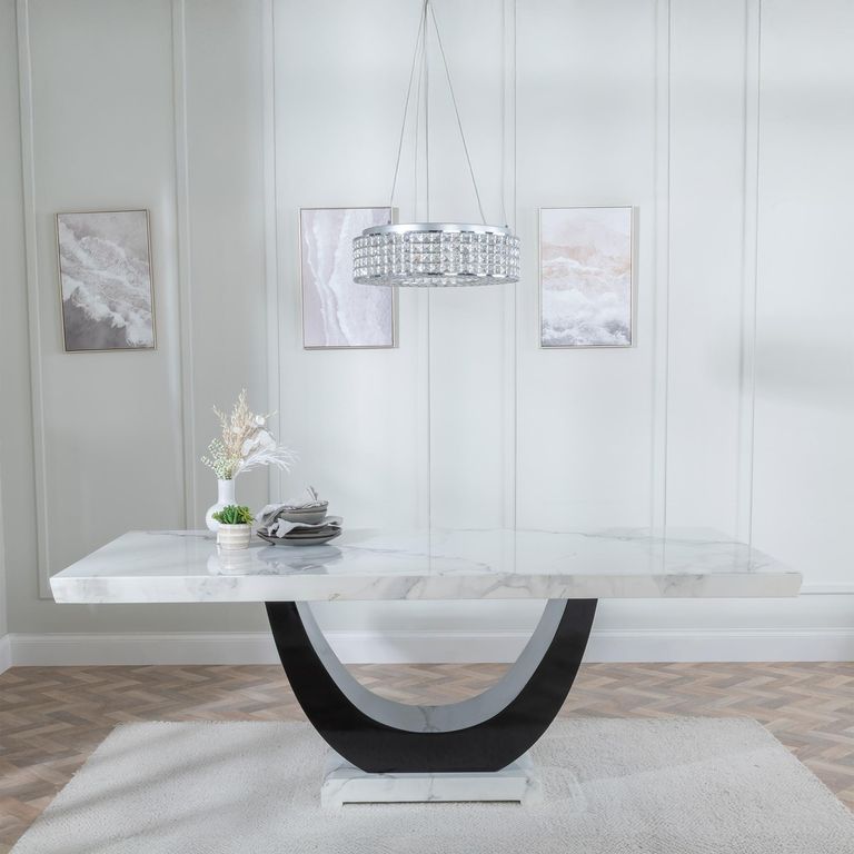 Madrid White Marble Dining Set - Knocker Back Blue Velvet Fabric Dining Chair with Chrome Legs