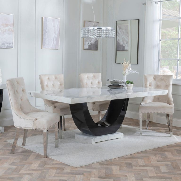 Madrid White Marble Dining Set - Knocker Back Champagne Velvet Fabric Dining Chair with Chrome Legs