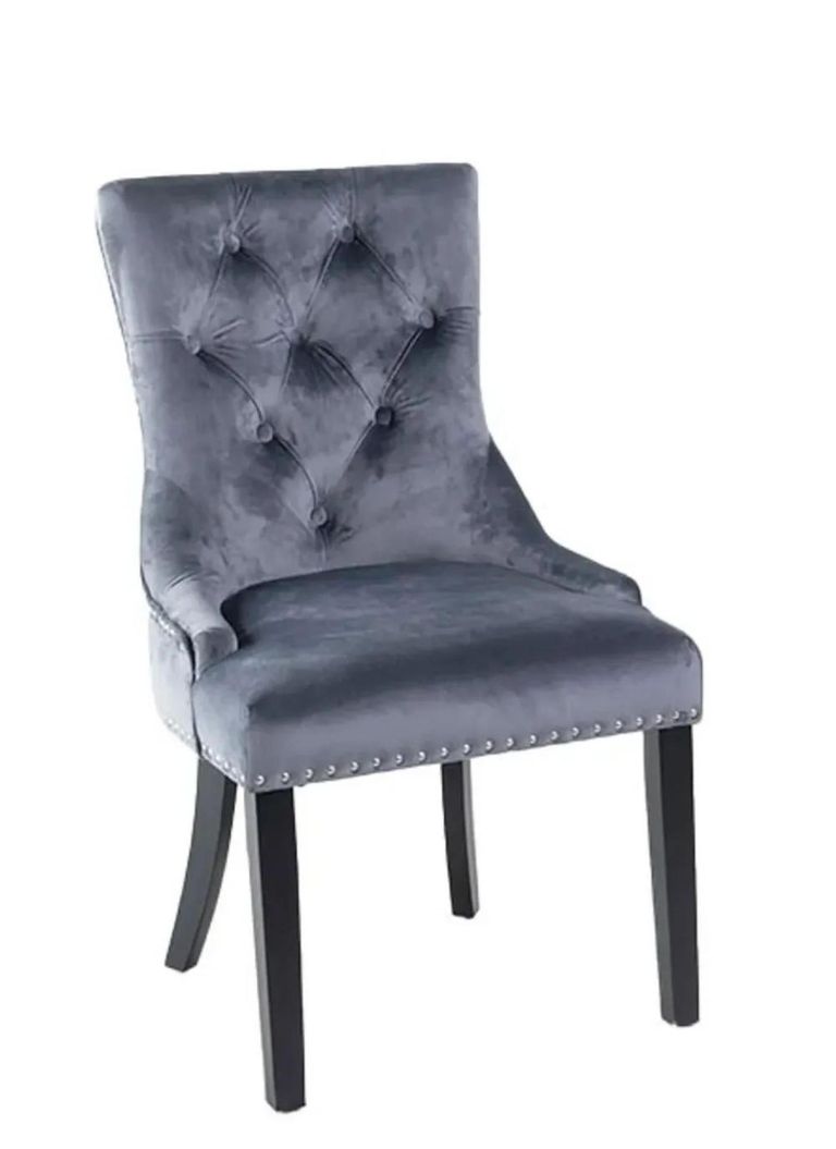 Madrid White Marble Dining Set - Knocker Back Grey Velvet Fabric Dining Chair with Black Wooden Legs