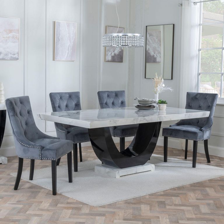 Madrid White Marble Dining Set - Knocker Back Grey Velvet Fabric Dining Chair with Black Wooden Legs