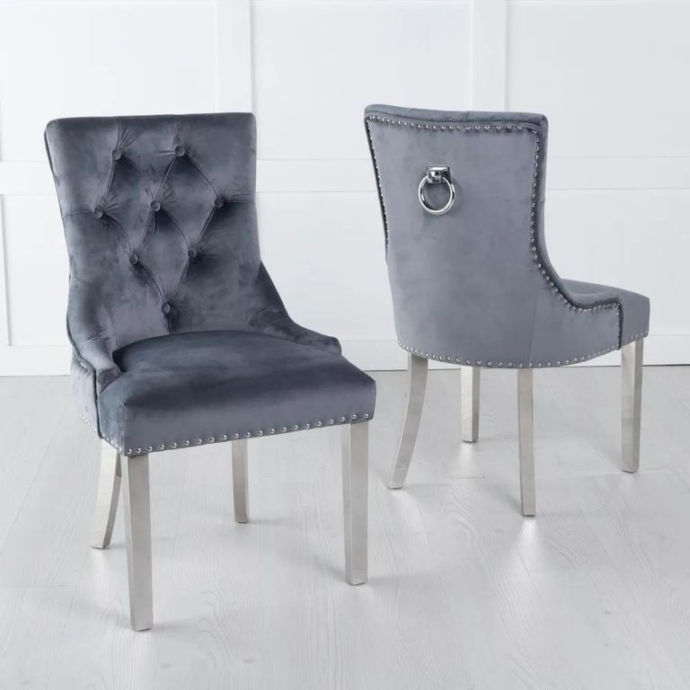 Madrid White Marble Dining Set - Knocker Back Grey Velvet Fabric Dining Chair with Chrome Legs
