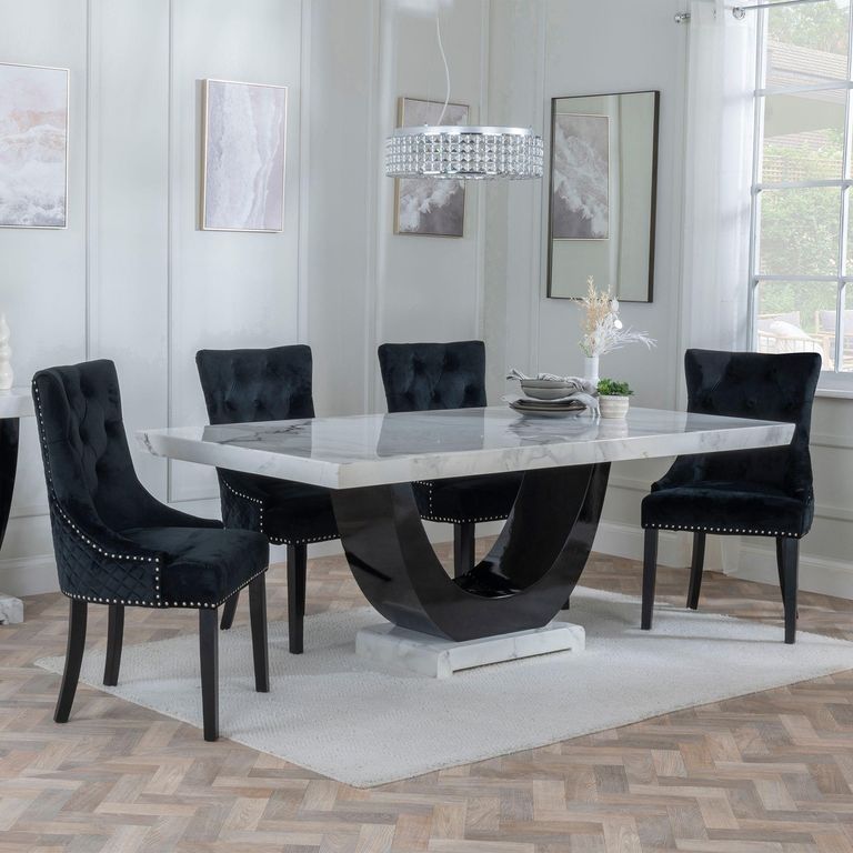 Madrid White Marble Dining Set - Lion Knocker Back Black Velvet Fabric Dining Chair with Black Wooden Legs