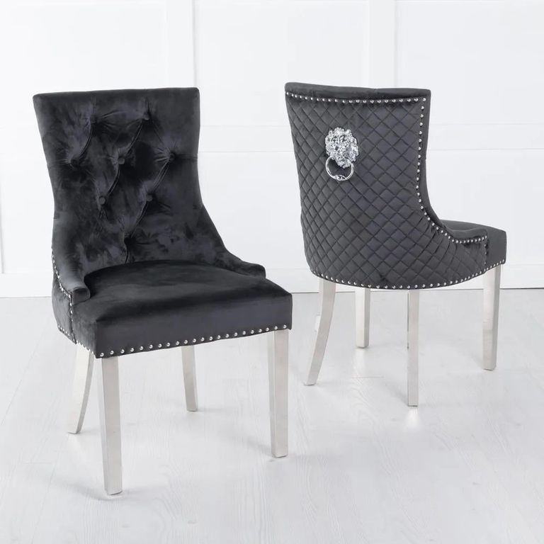 Madrid White Marble Dining Set - Lion Knocker Back Black Velvet Fabric Dining Chair with Chrome Legs