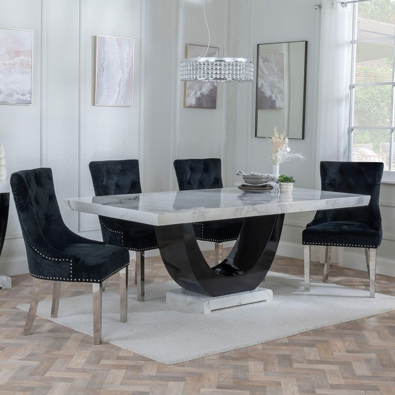 Madrid White Marble Dining Set - Lion Knocker Back Black Velvet Fabric Dining Chair with Chrome Legs