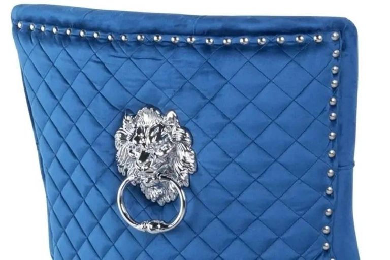 Madrid White Marble Dining Set - Lion Knocker Back Blue Velvet Fabric Dining Chair with Chrome Legs