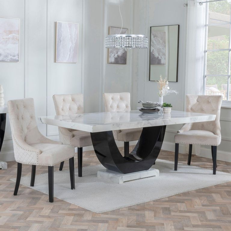 Madrid White Marble Dining Set - Lion Knocker Back Champagne Velvet Fabric Dining Chair with Black Wooden Legs