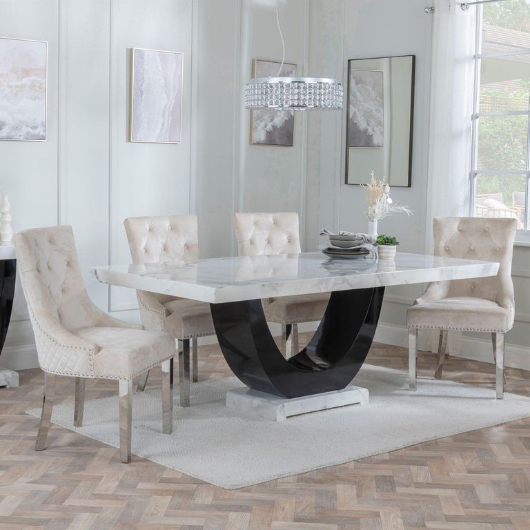 Madrid White Marble Dining Set - Lion Knocker Back Champagne Velvet Fabric Dining Chair with Chrome Legs