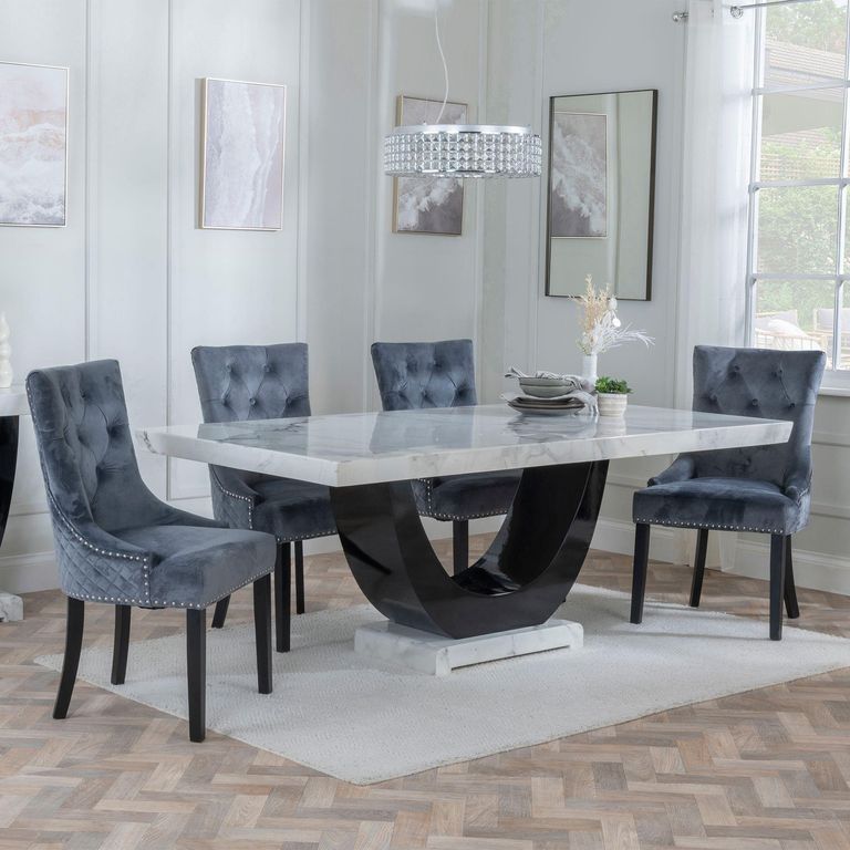 Madrid White Marble Dining Set - Lion Knocker Back Grey Velvet Fabric Dining Chair with Black Wooden Legs