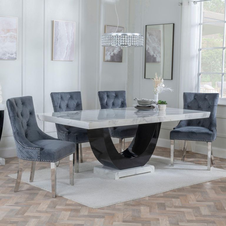 Madrid White Marble Dining Set - Lion Knocker Back Grey Velvet Fabric Dining Chair with Chrome Legs