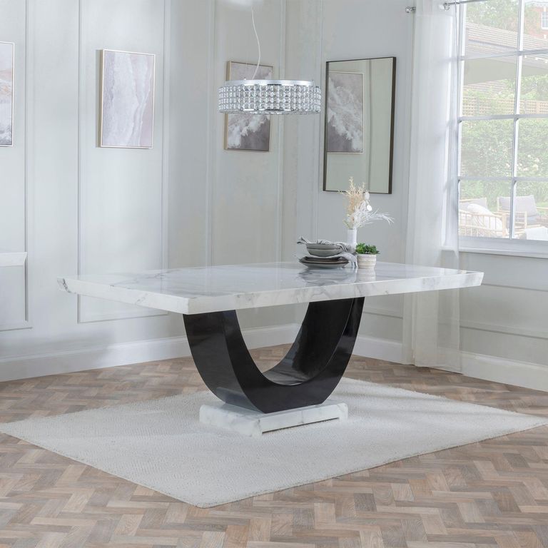 Madrid White Marble Dining Set - Mimi Black Leather Dining Chair