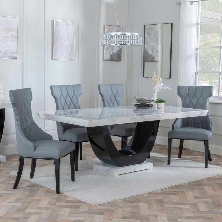 Madrid White Marble Dining Set - Mimi Grey Leather Dining Chair