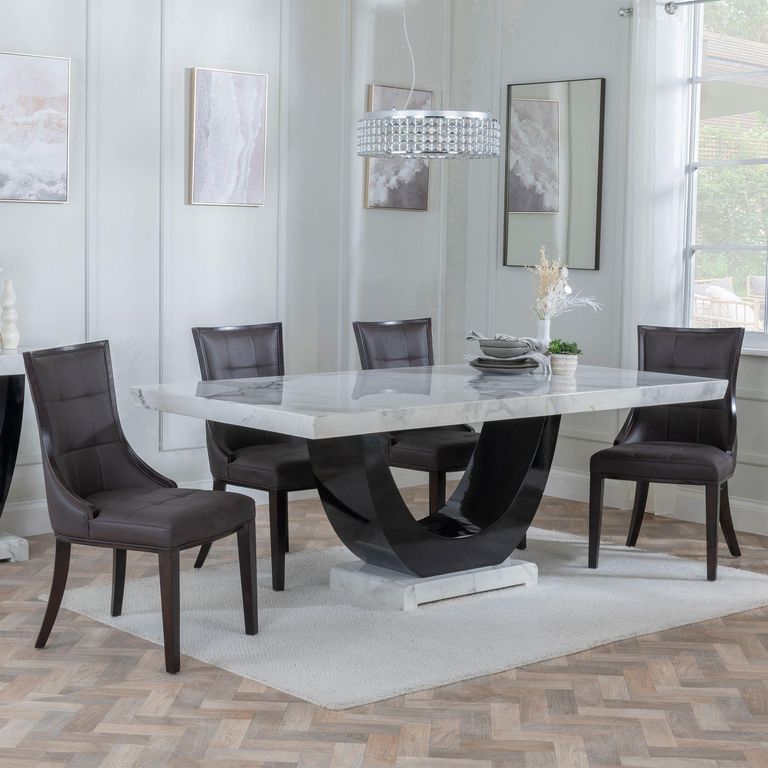 Madrid White Marble Dining Set - Paris Brown Leather Dining Chair with Brown Legs