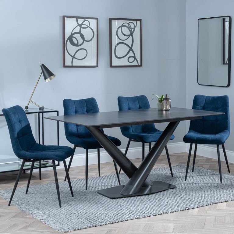 Maldon Black Ceramic Dining Set - Corona Blue Fabric Dining Chair