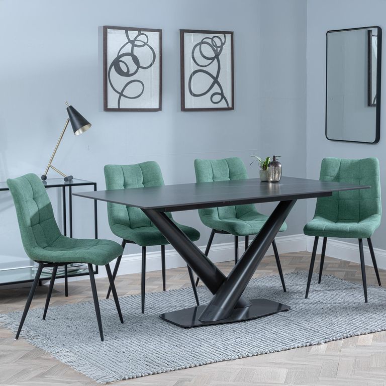 Maldon Black Ceramic Dining Set - Corona Green Fabric Dining Chair
