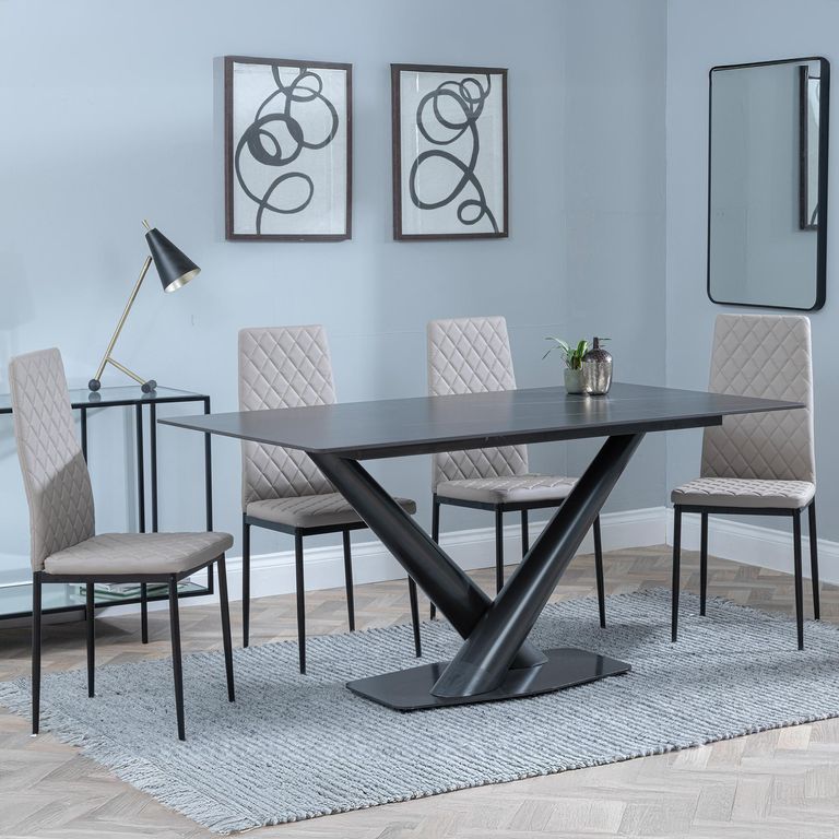 Maldon Black Ceramic Dining Set - Metro Beige Leather Dining Chair with Black Legs