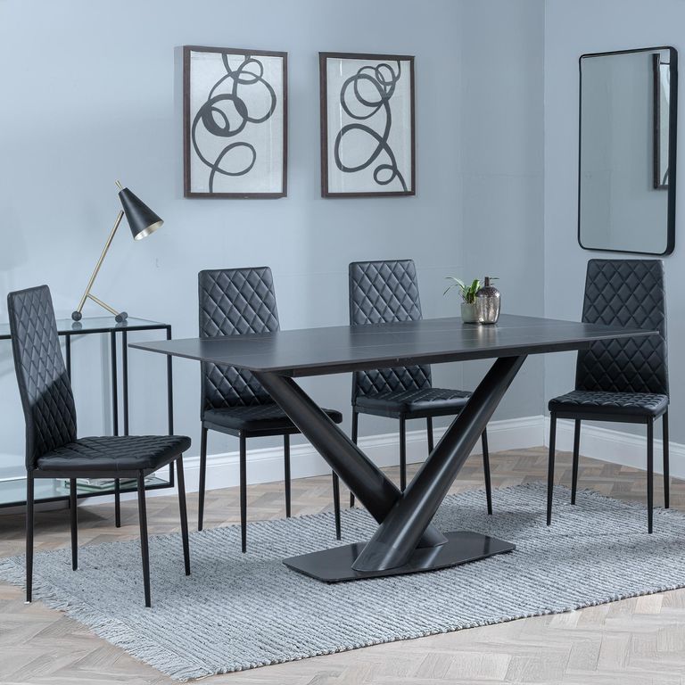 Maldon Black Ceramic Dining Set - Metro Black Leather Dining Chair with Black Legs