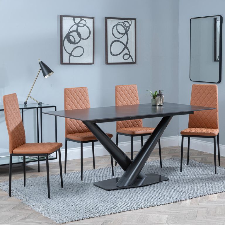 Maldon Black Ceramic Dining Set - Metro Burnt Orange Leather Dining Chair with Black Legs