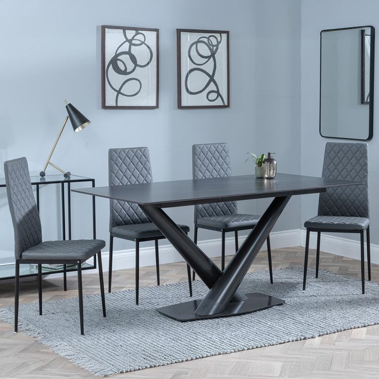 Maldon Black Ceramic Dining Set - Metro Grey Leather Dining Chair with Black Legs