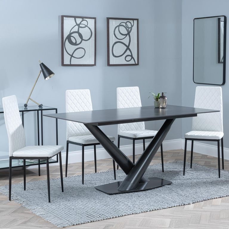Maldon Black Ceramic Dining Set - Metro White Leather Dining Chair with Black Legs