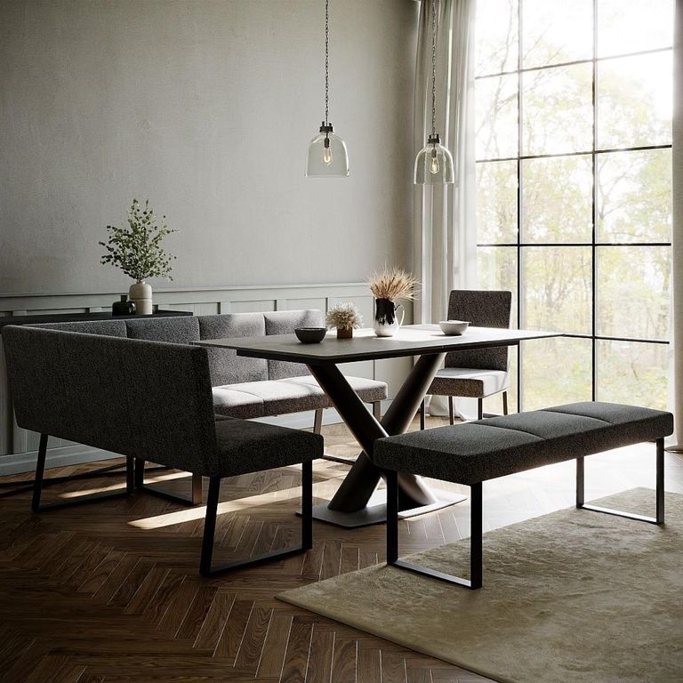 Maldon Grey Ceramic Dining Set - Bronx Dark Grey Fabric 1 LHF Corner Bench, 1 Low Bench and 1 Chair