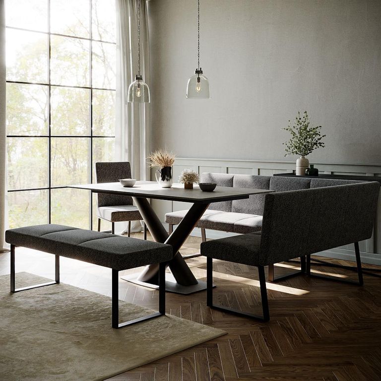 Maldon Grey Ceramic Dining Set - Bronx Dark Grey Fabric 1 RHF Corner Bench, 1 Low Bench and 1 Chair