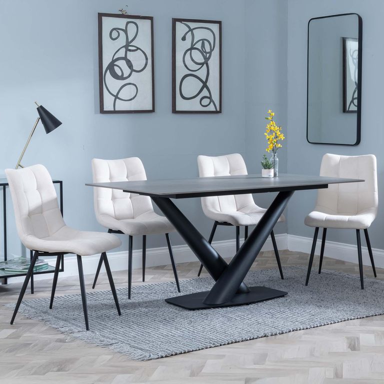 Maldon Grey Ceramic Dining Set - Corona Beige Fabric Dining Chair