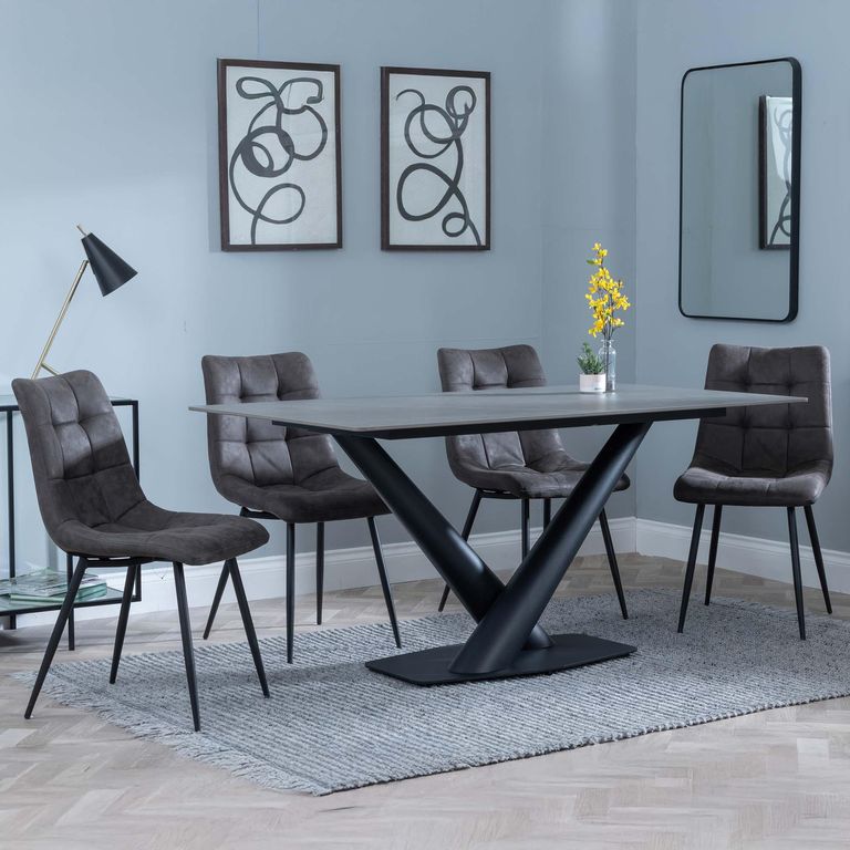 Maldon Grey Ceramic Dining Set - Corona Grey Fabric Dining Chair