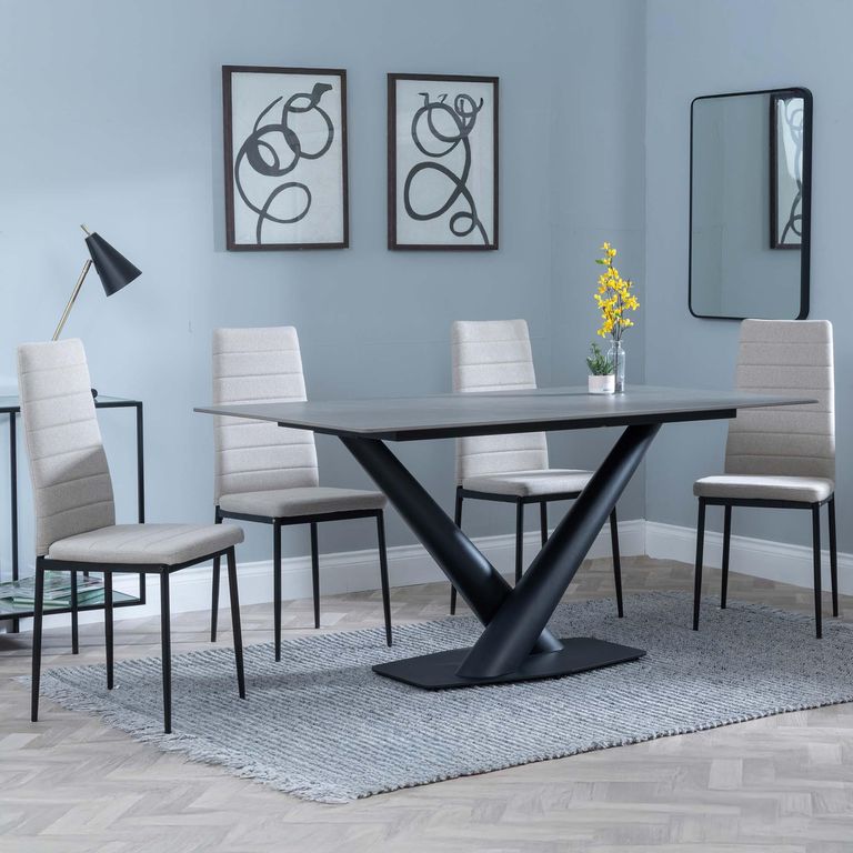 Maldon Grey Ceramic Dining Set - Lido Sand Fabric Dining Chair with Black Legs