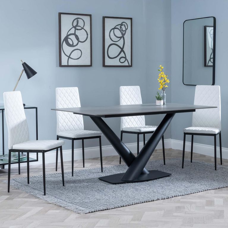 Maldon Grey Ceramic Dining Set - Metro White Leather Dining Chair with Black Legs