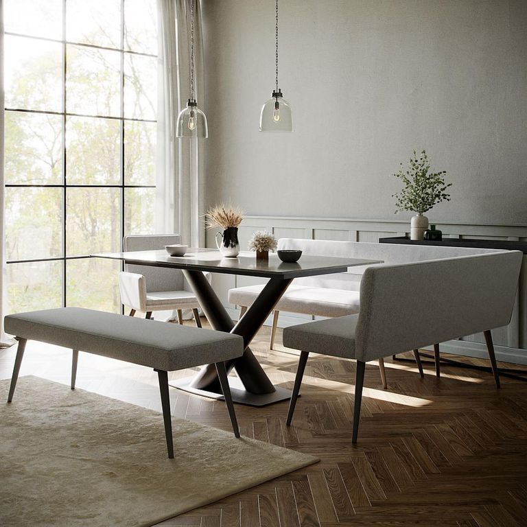 Maldon Grey Ceramic Dining Set - Monza Grey Fabric 1 RHF Corner Bench, 1 Low Bench and 1 Armchair