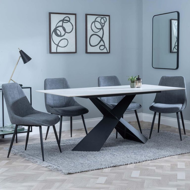 Merlin White Ceramic Dining Set - Darwin Grey Fabric Dining Chair