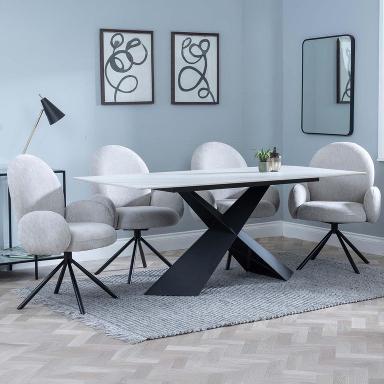 Merlin White Ceramic Dining Set - Theo Grey Fabric Swivel Dining Chair