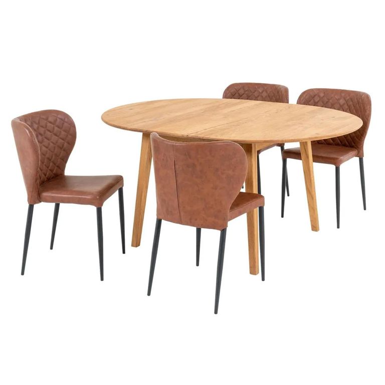 Metz Dining Set - Round - 4 Seater - Oak - with 4 Nicut Brown Chairs