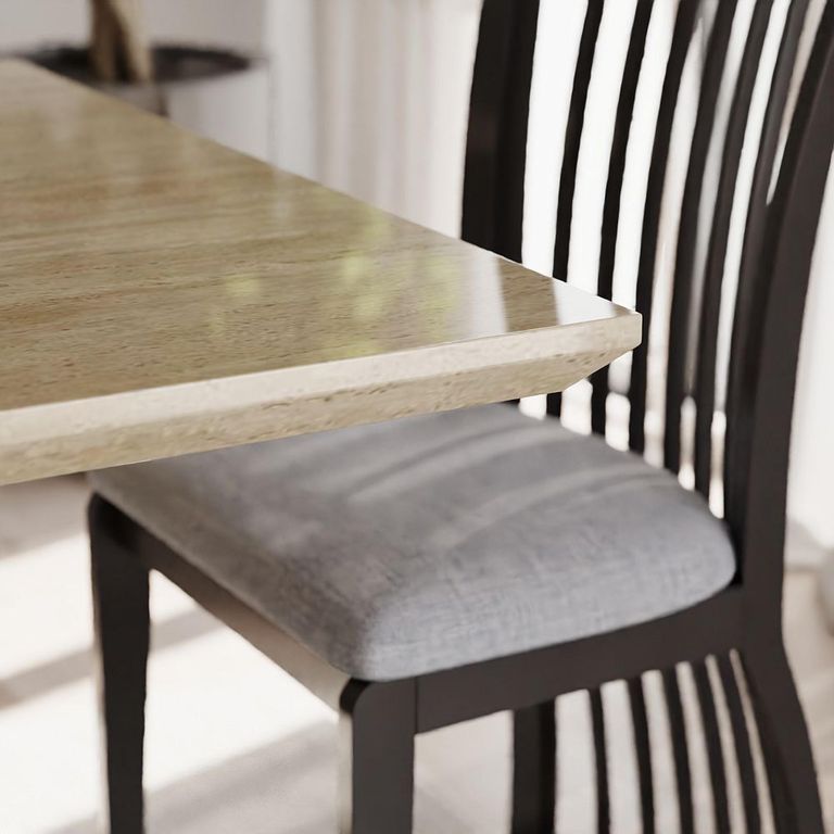 Milan Travertine Beige Engineered Marble Dining Set - Athena Black High Gloss Slatted Back Dining Chair with Grey Seat Pads