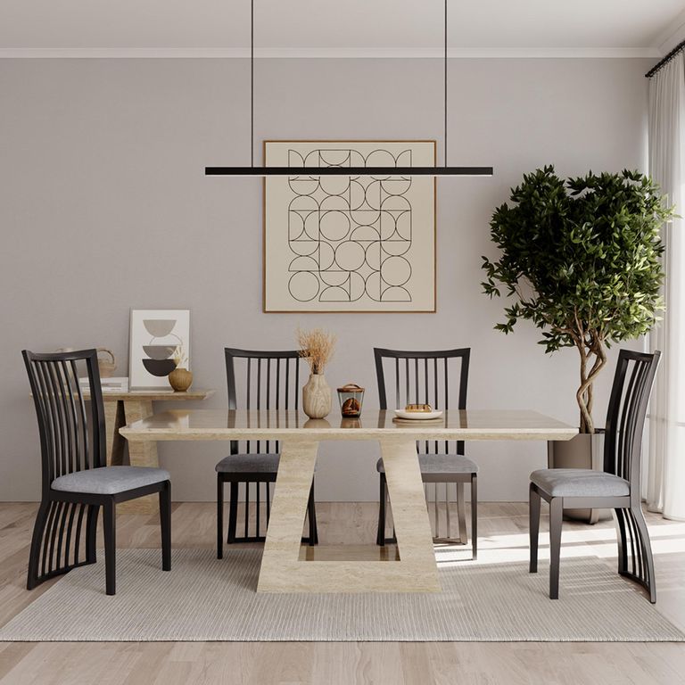 Milan Travertine Beige Engineered Marble Dining Set - Athena Black High Gloss Slatted Back Dining Chair with Grey Seat Pads
