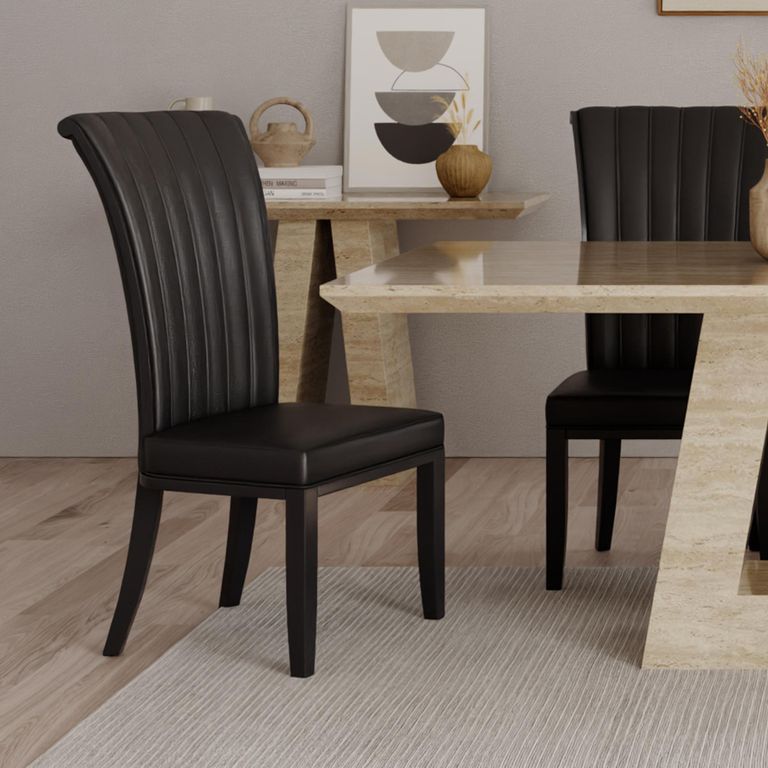 Milan Travertine Beige Engineered Marble Dining Set - Cadiz Black Leather Dining Chair
