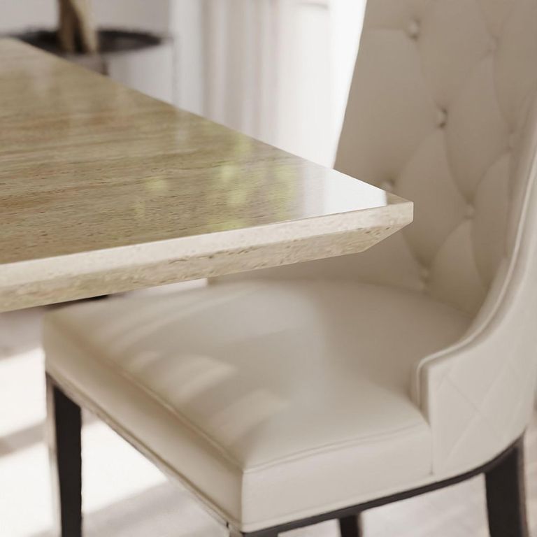 Milan Travertine Beige Engineered Marble Dining Set - Carmela Cream Leather Dining Chair