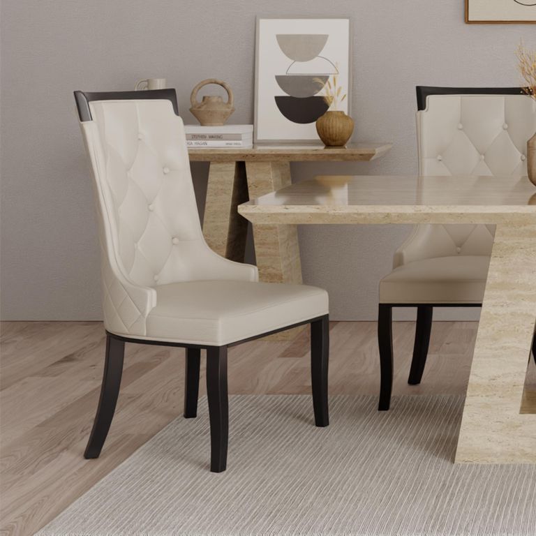 Milan Travertine Beige Engineered Marble Dining Set - Carmela Cream Leather Dining Chair