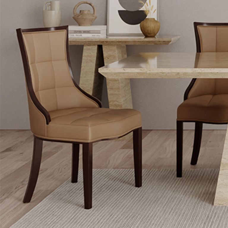 Milan Travertine Beige Engineered Marble Dining Set - Paris Taupe Leather Dining Chair with Brown Legs