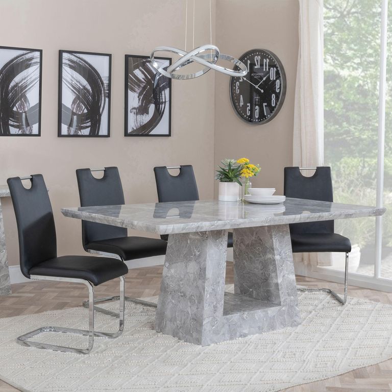 Milan Grey Marble Dining Set - Bianco Black Faux Leather Dining Chair
