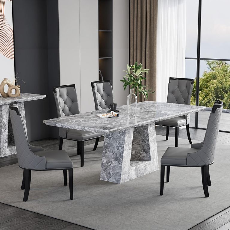 Milan Grey Marble Dining Set - Carmela Grey Leather Dining Chair