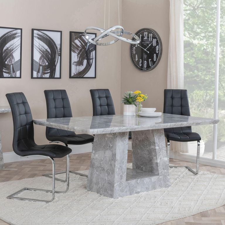 Milan Grey Marble Dining Set - Jamison Black Faux Leather Dining Chair
