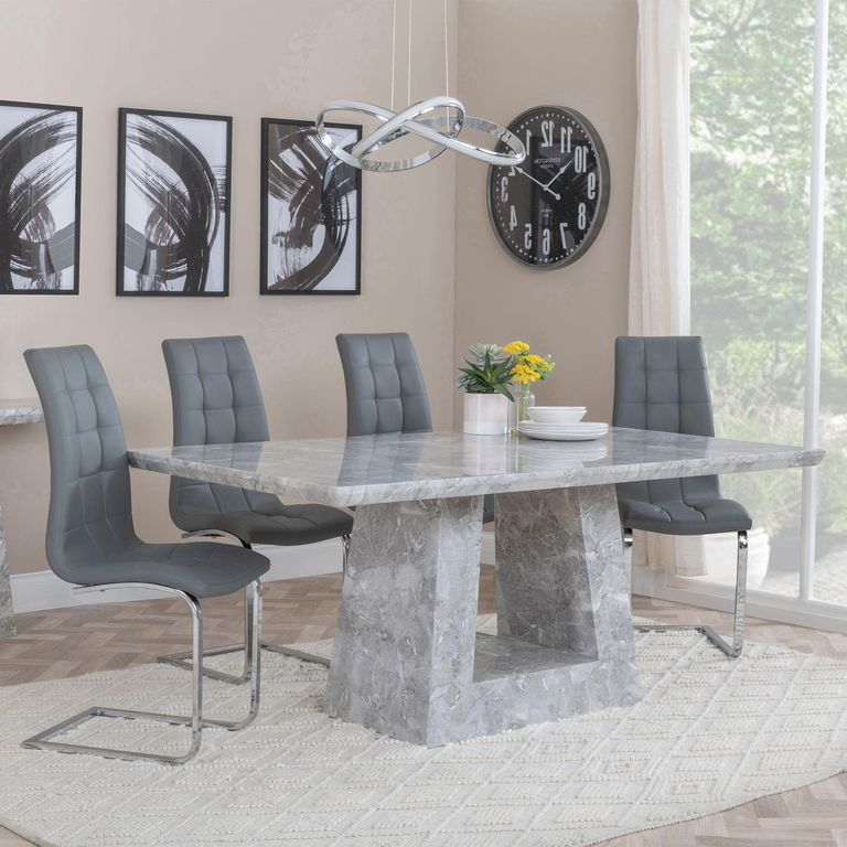Milan Grey Marble Dining Set - Jamison Grey Faux Leather Dining Chair