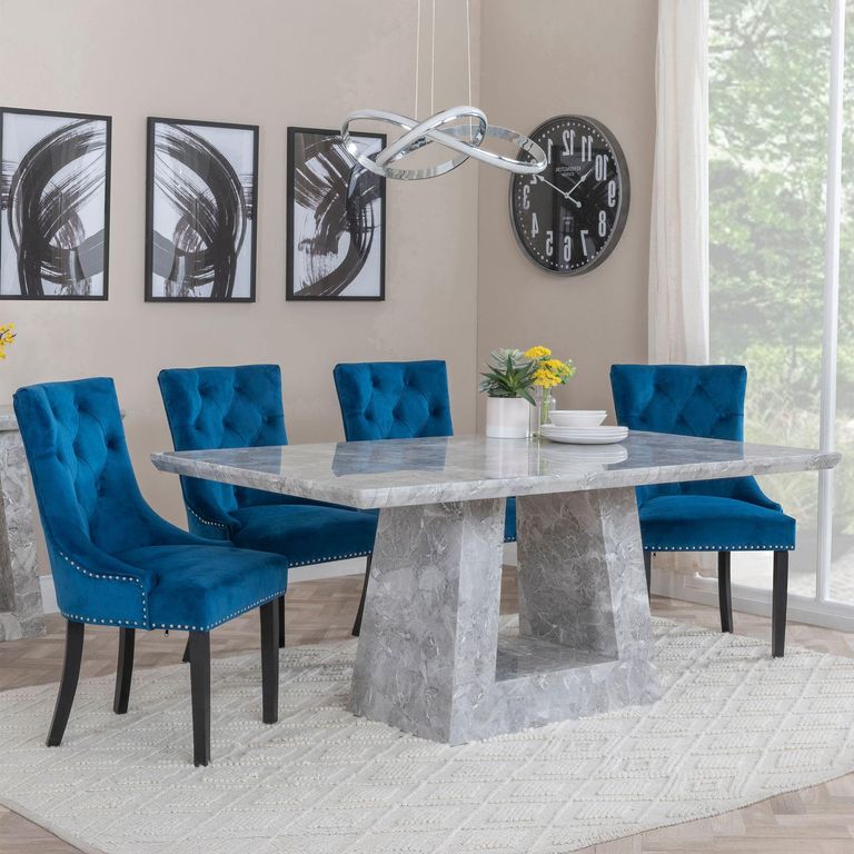 Milan Grey Marble Dining Set - Knocker Back Blue Velvet Fabric Dining Chair with Black Wooden Legs