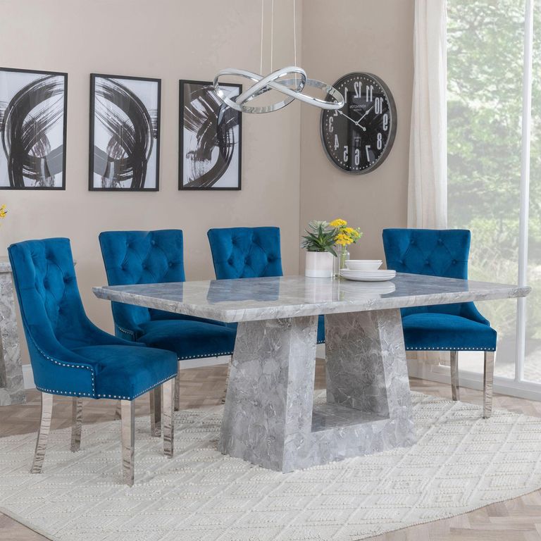 Milan Grey Marble Dining Set - Knocker Back Blue Velvet Fabric Dining Chair with Chrome Legs