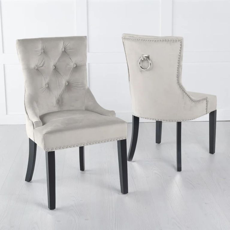 Milan Grey Marble Dining Set - Knocker Back Champagne Velvet Fabric Dining Chair with Black Wooden Legs